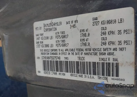 2005 Dodge Dakota Slt из США, поврежденный, VIN 1D7HE48N75S275748